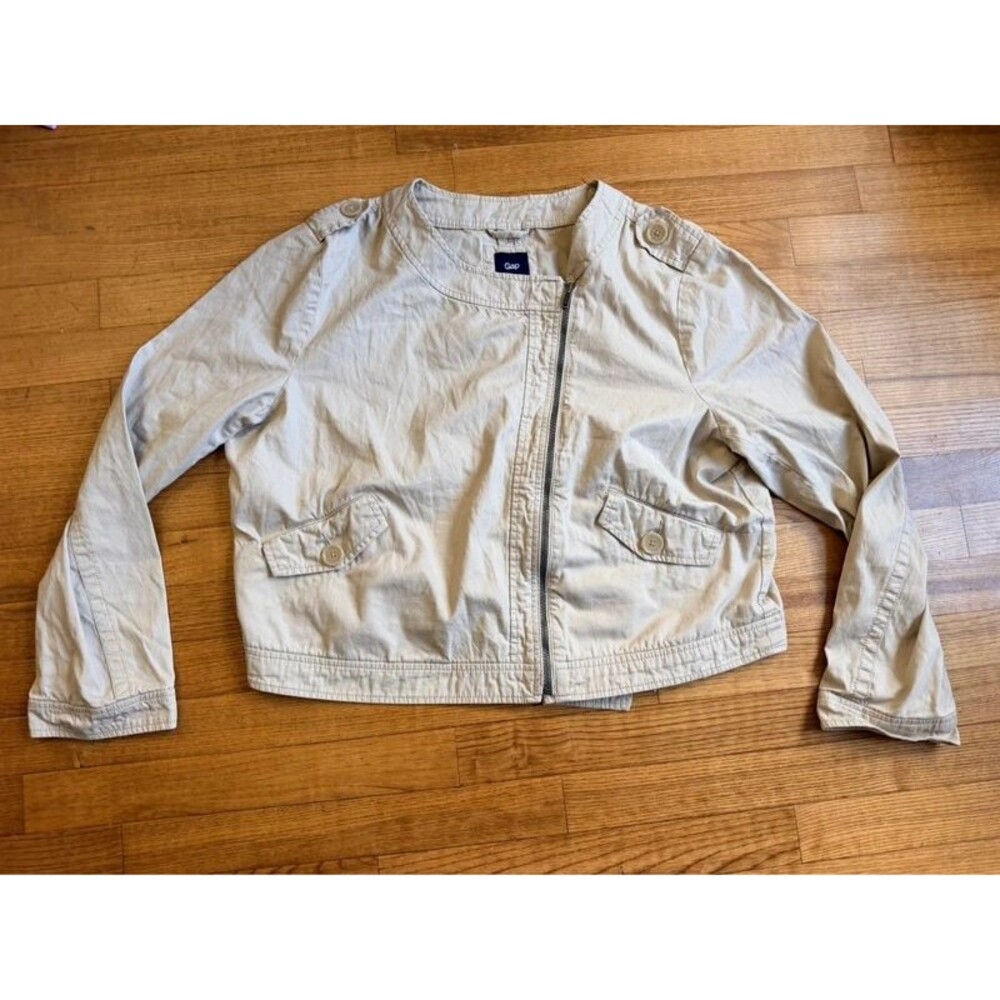 Vtg Y2K Gap Khaki Tan Asymmetrical Zip Cropped Moto Utility Jacket Womens XXL